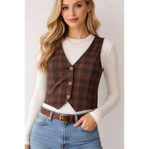 Liz & Sara Womens Brown Plaid Cropped Button Front Vest XL Preppy